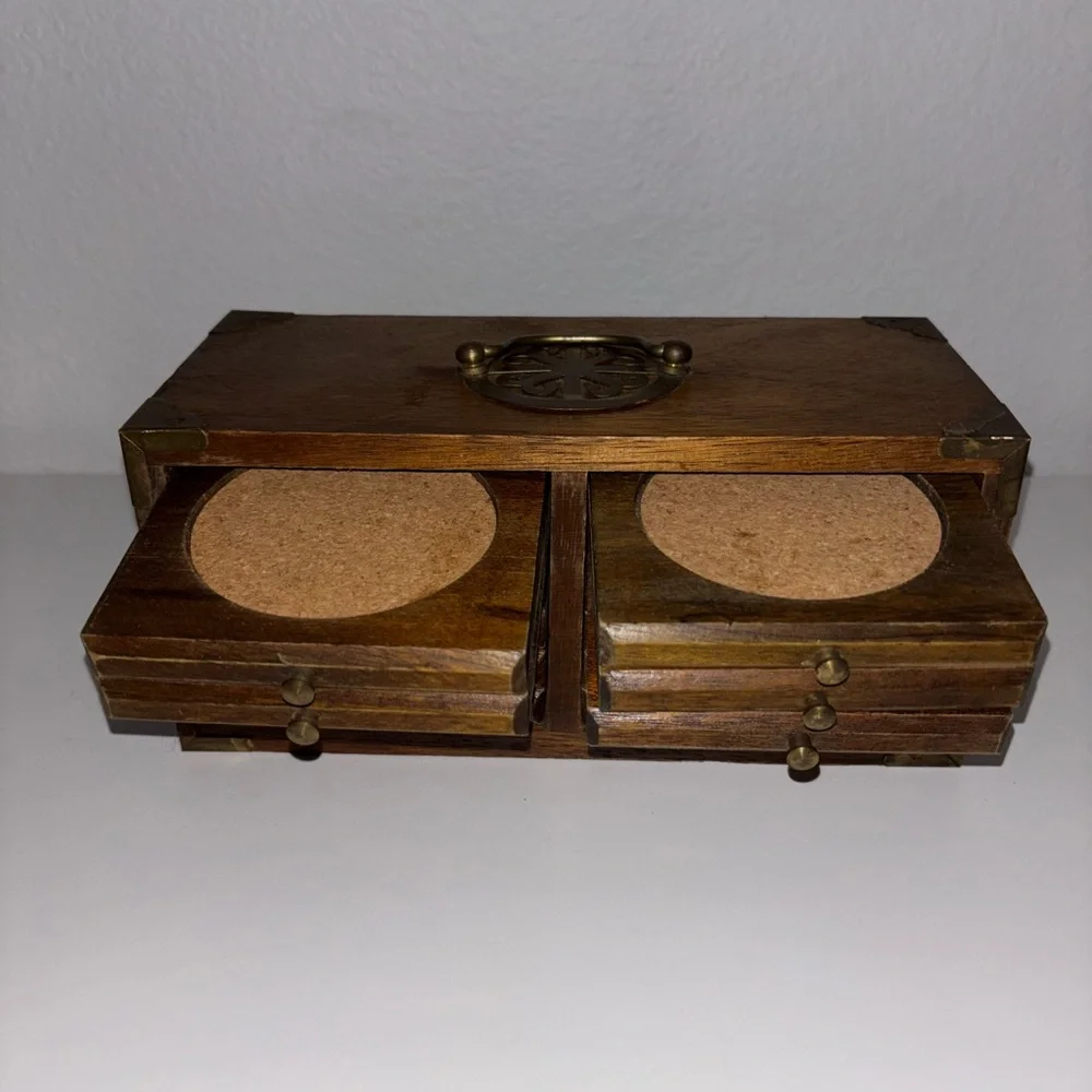 Vintage Oriental Wooden Coaster Set of 12 in Tansu Chest Box with Metal Hardware - Picture 3 of 5